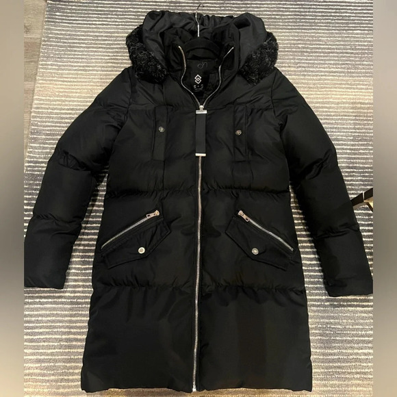 Saint & Sinner black long puffer coat with hoodie, size Small - Picture 1 of 12